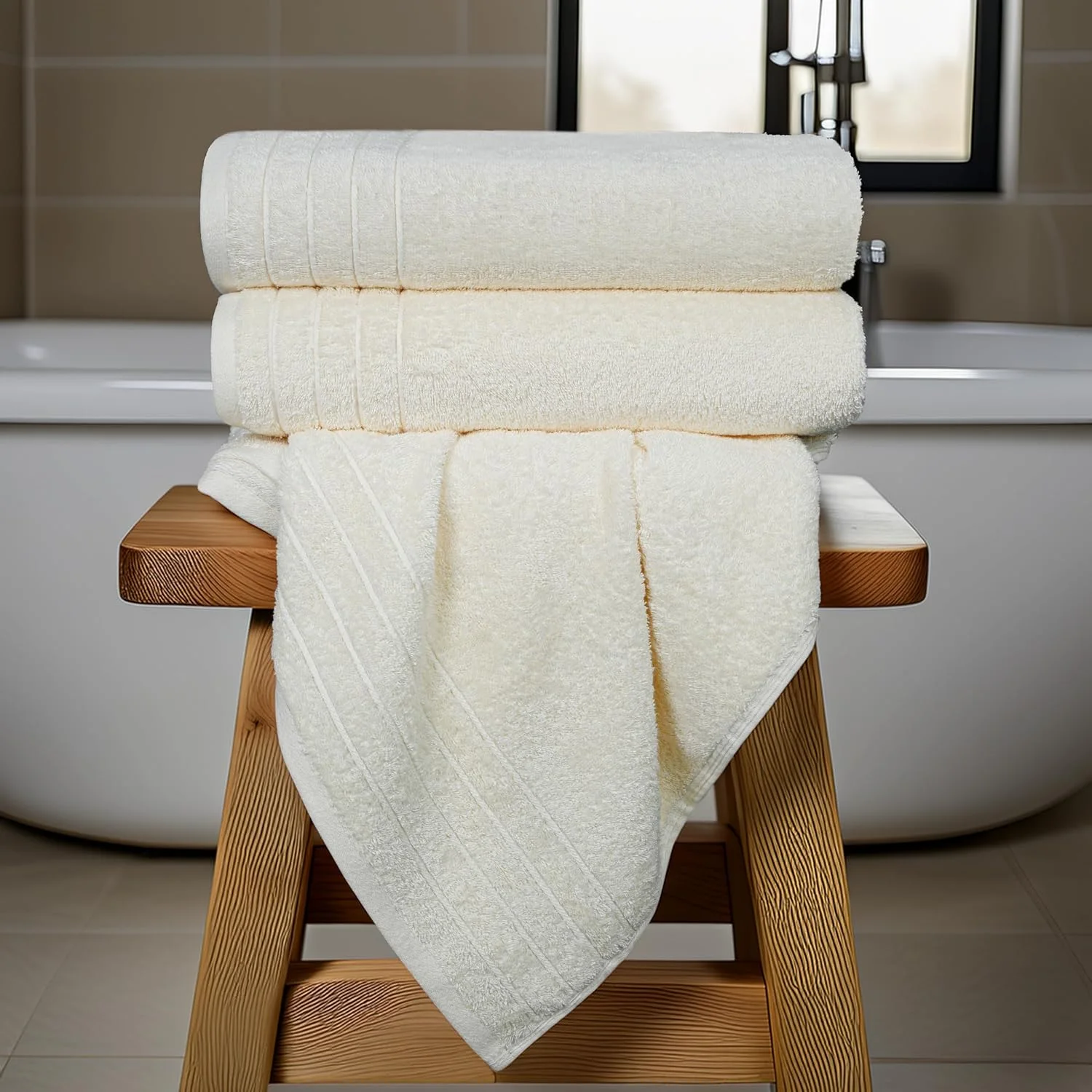 Cream Tens Towels folded on a stool beside a freestanding bath